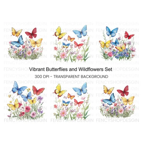 Colorful Butterflies and Flowers Clipart Bundle