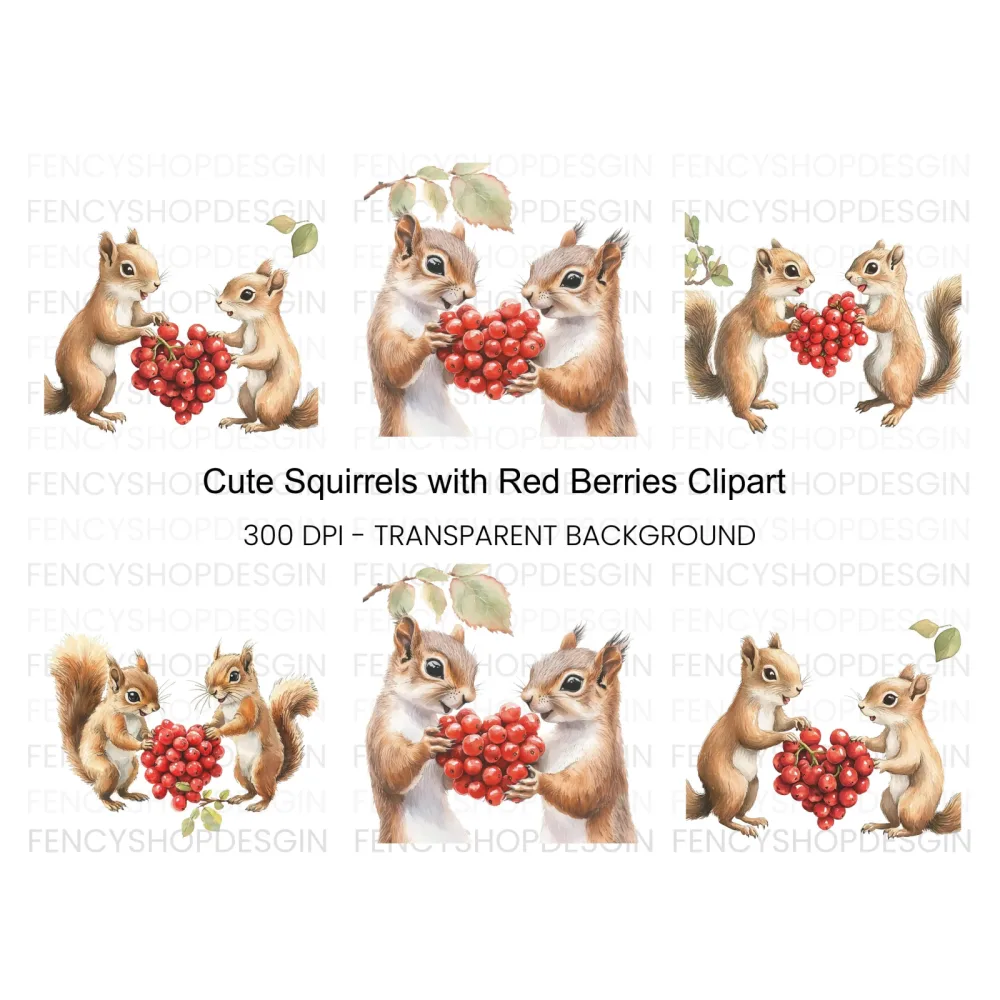Adorable Squirrels with Berries Clipart Bundle