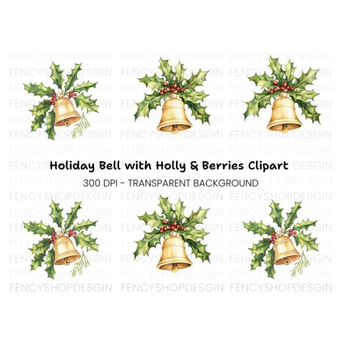 Festive Holly and Bell Christmas Clipart Bundle