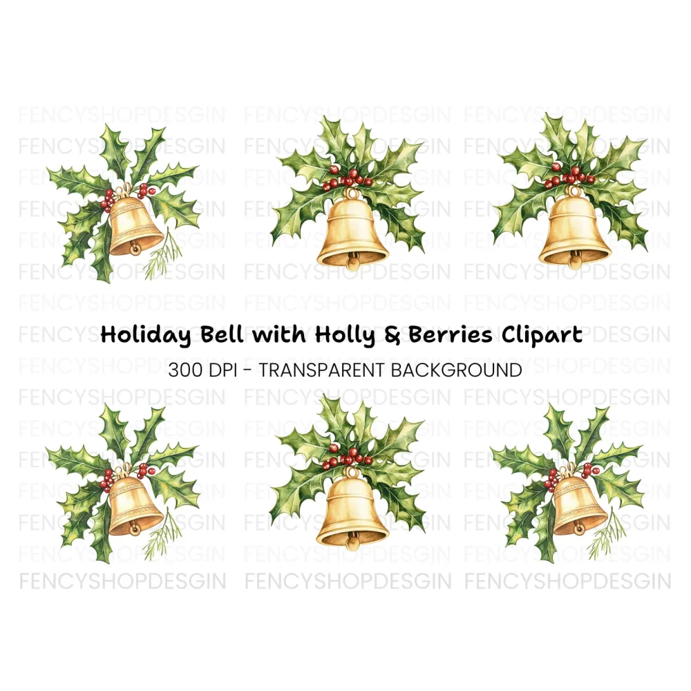 Festive Holly and Bell Christmas Clipart Bundle