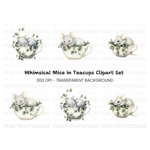 Sleeping Mice in Teacups Clipart Bundle