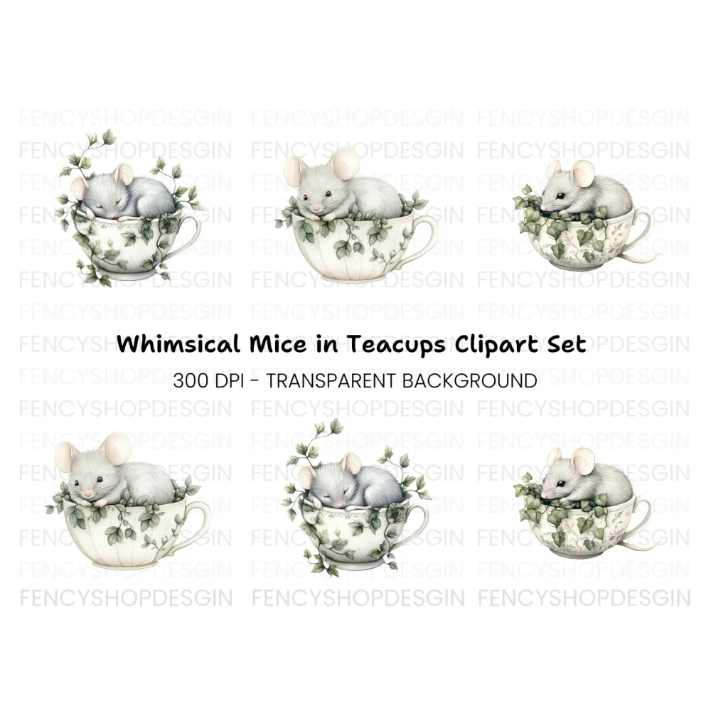 Sleeping Mice in Teacups Clipart Bundle