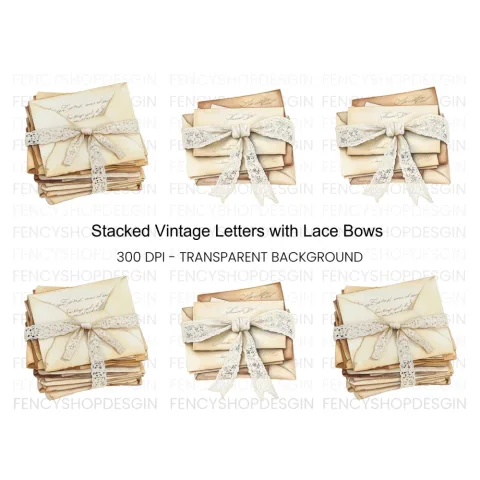 Stacked Vintage Letters with Lace Bows Clipart Bundle