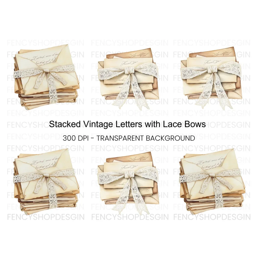 Stacked Vintage Letters with Lace Bows Clipart Bundle