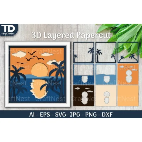 Tropical Beach Sunset D Shadow Box Scene Papercut SVG