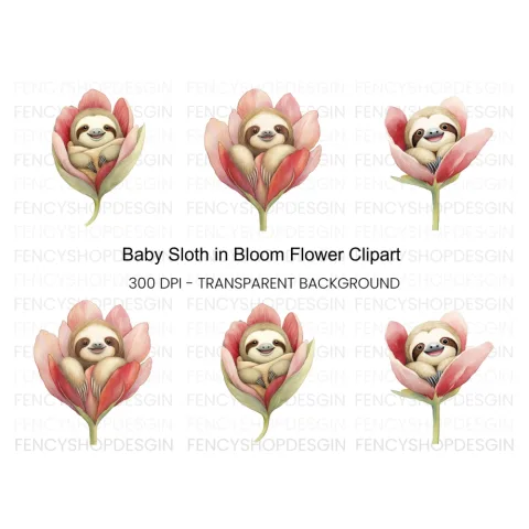 Baby Sloths in Pink Flowers Clipart Bundle