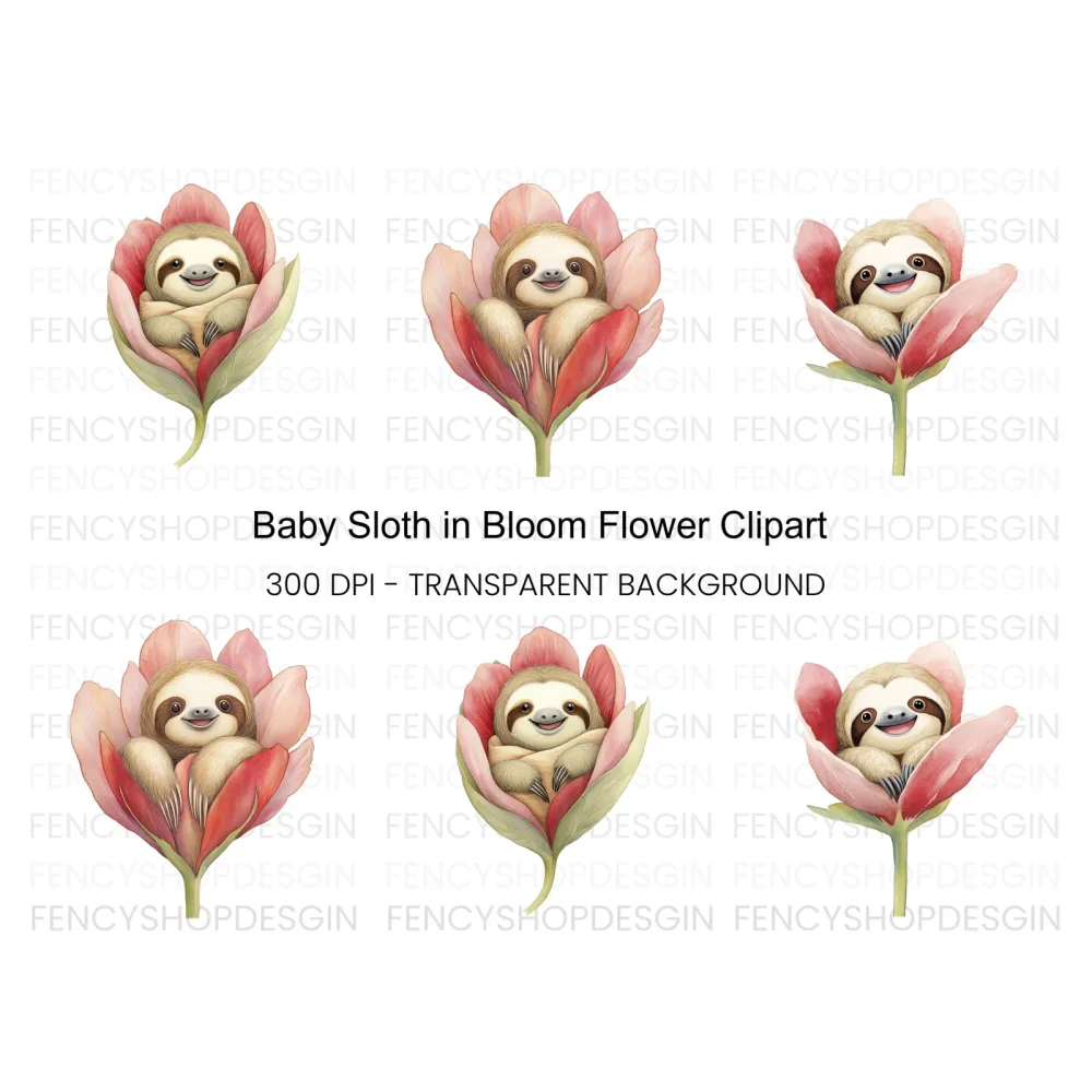 Baby Sloths in Pink Flowers Clipart Bundle