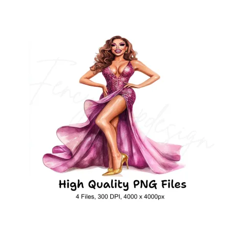 Glamorous Diva in Pink Gown Clipart Bundle