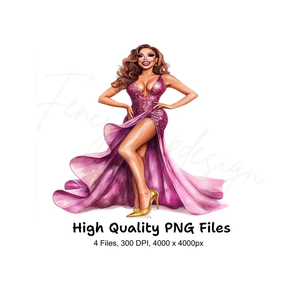 Glamorous Diva in Pink Gown Clipart Bundle