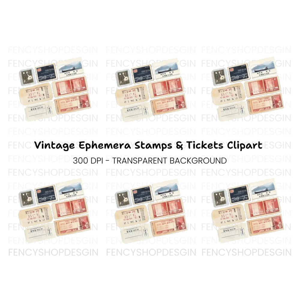 Vintage Asian Postage Stamps Clipart Bundle