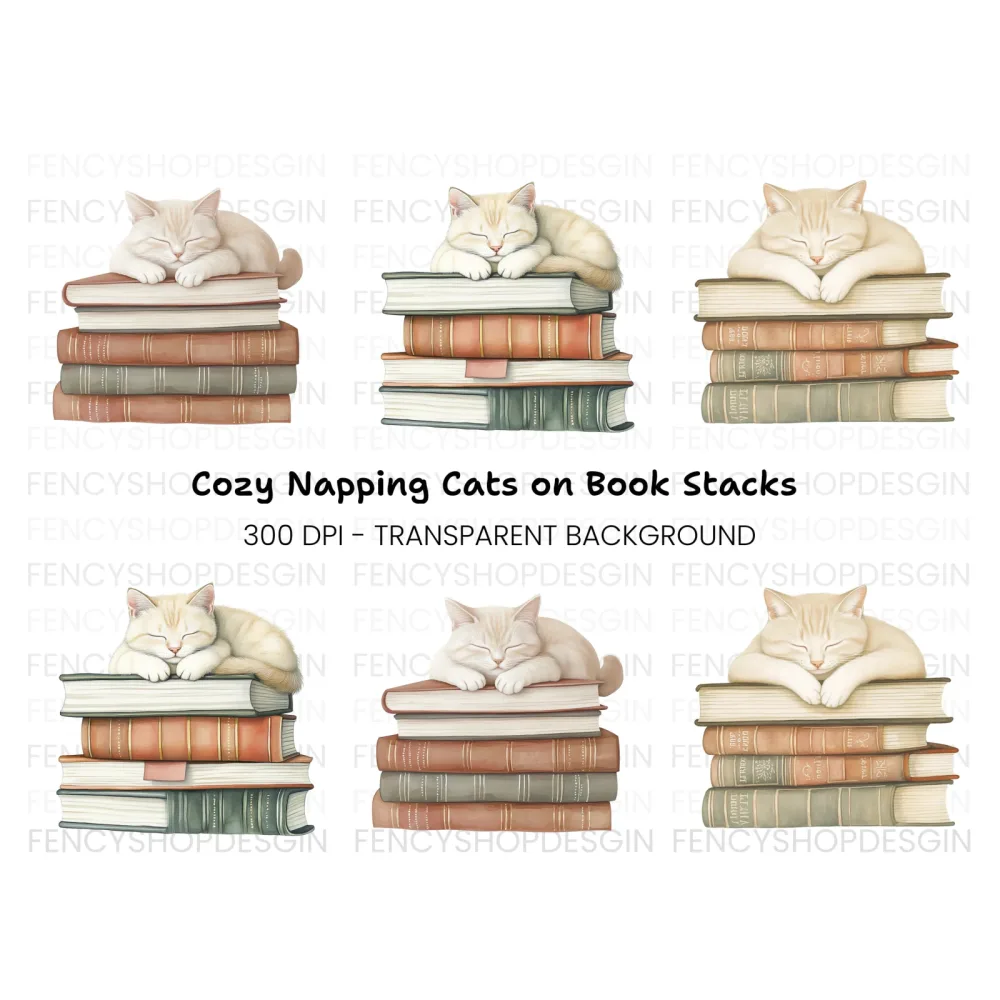 Sleeping Cats on Books Clipart Bundle