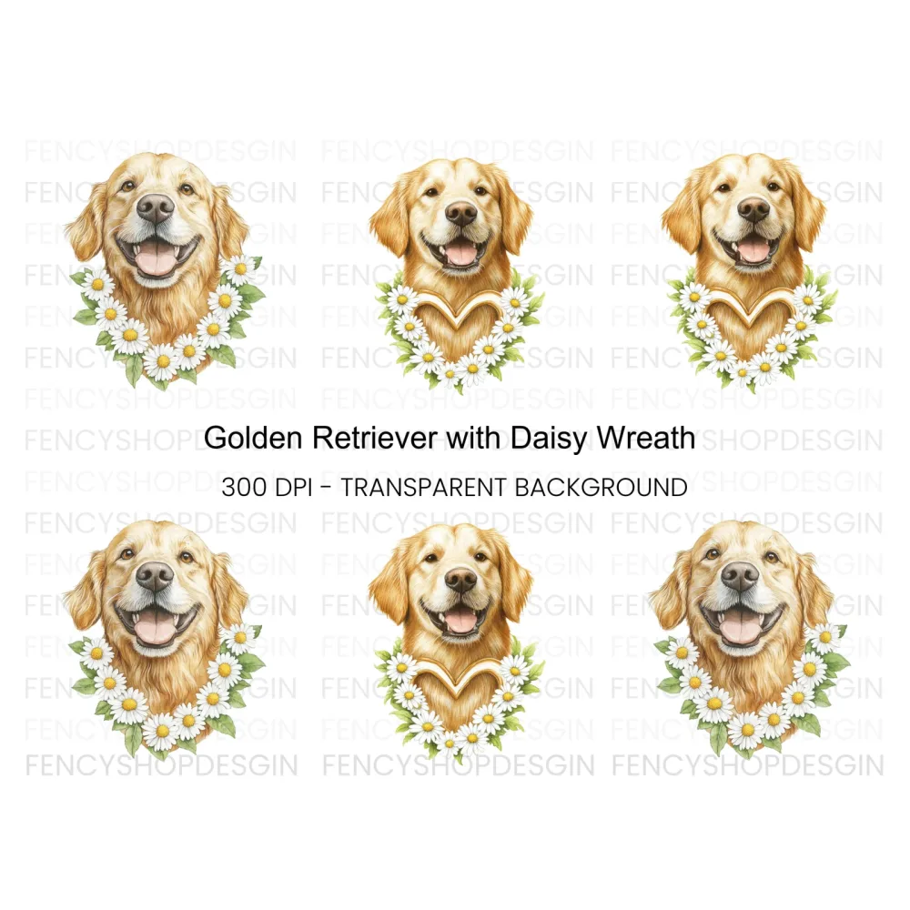 Golden Retriever Daisy Wreath Clipart Bundle