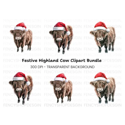 Highland Cows in Santa Hats Clipart Bundle
