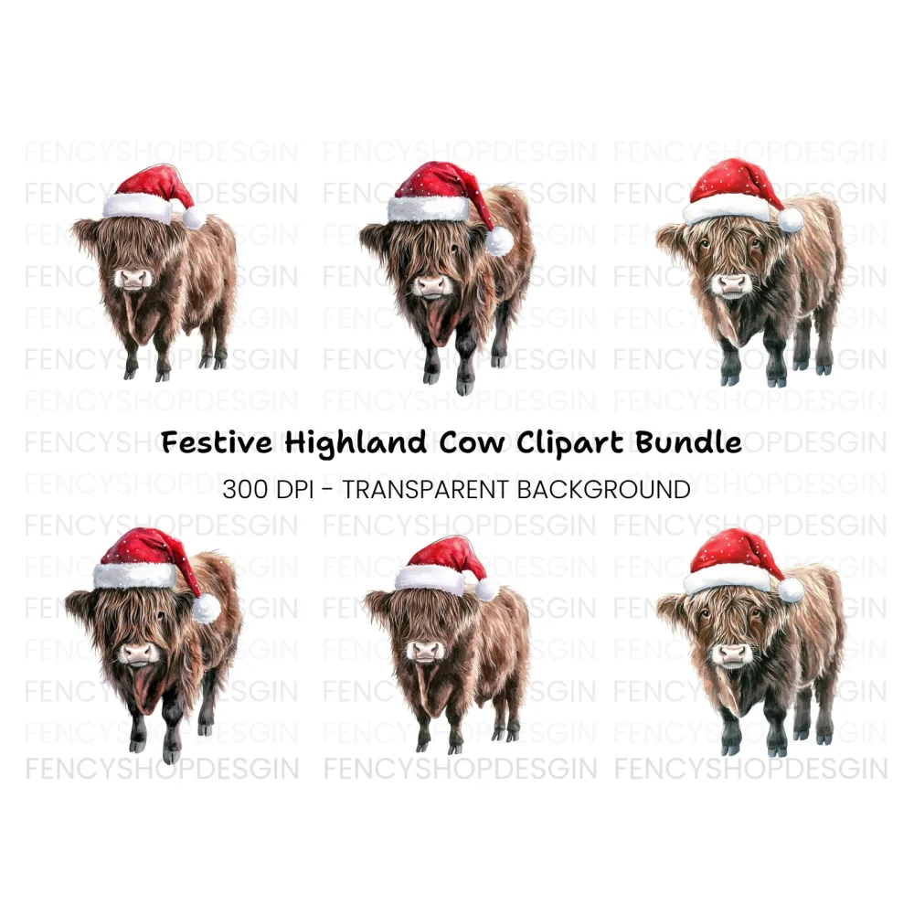 Highland Cows in Santa Hats Clipart Bundle