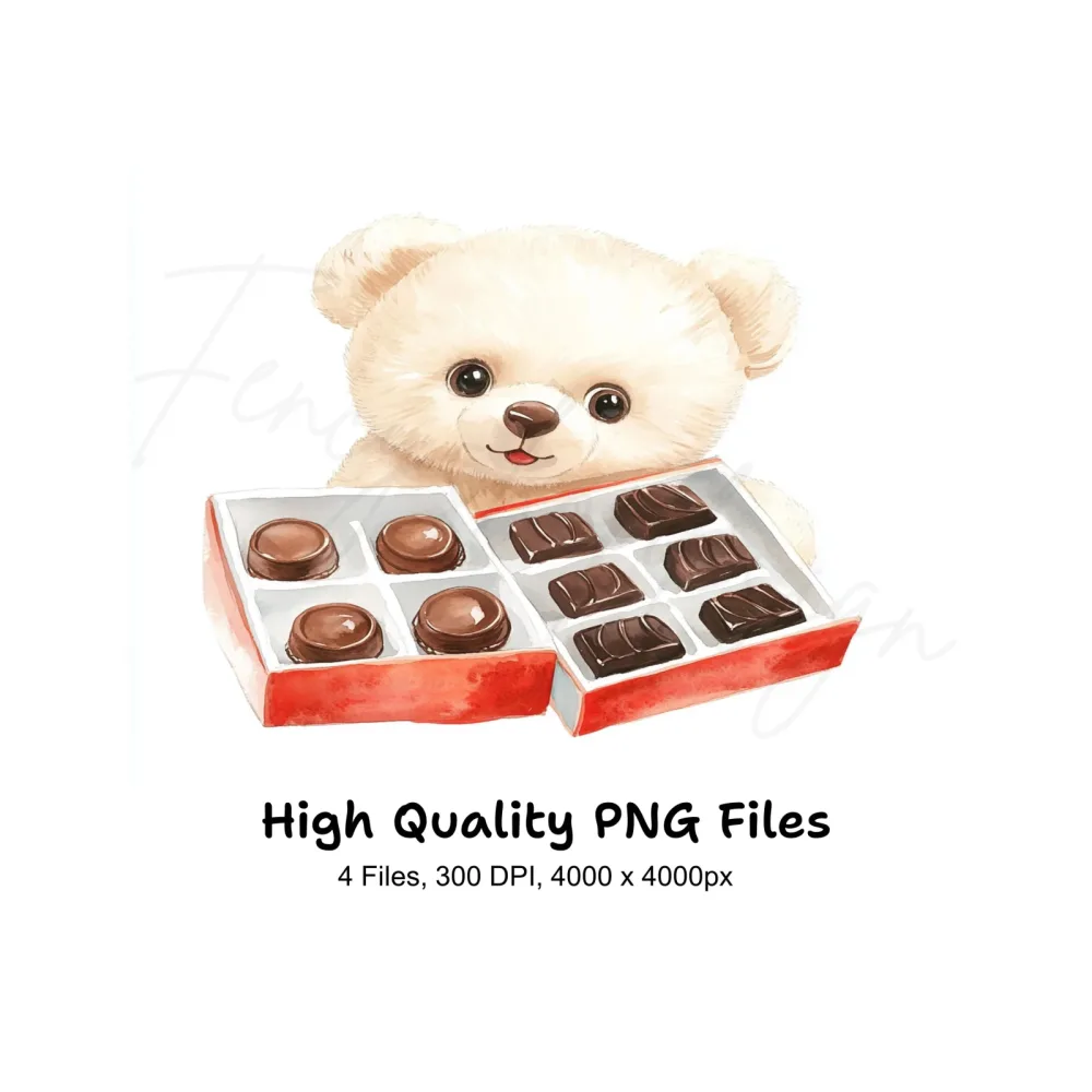 White Teddy Bear with Chocolate Box Clipart Bundle