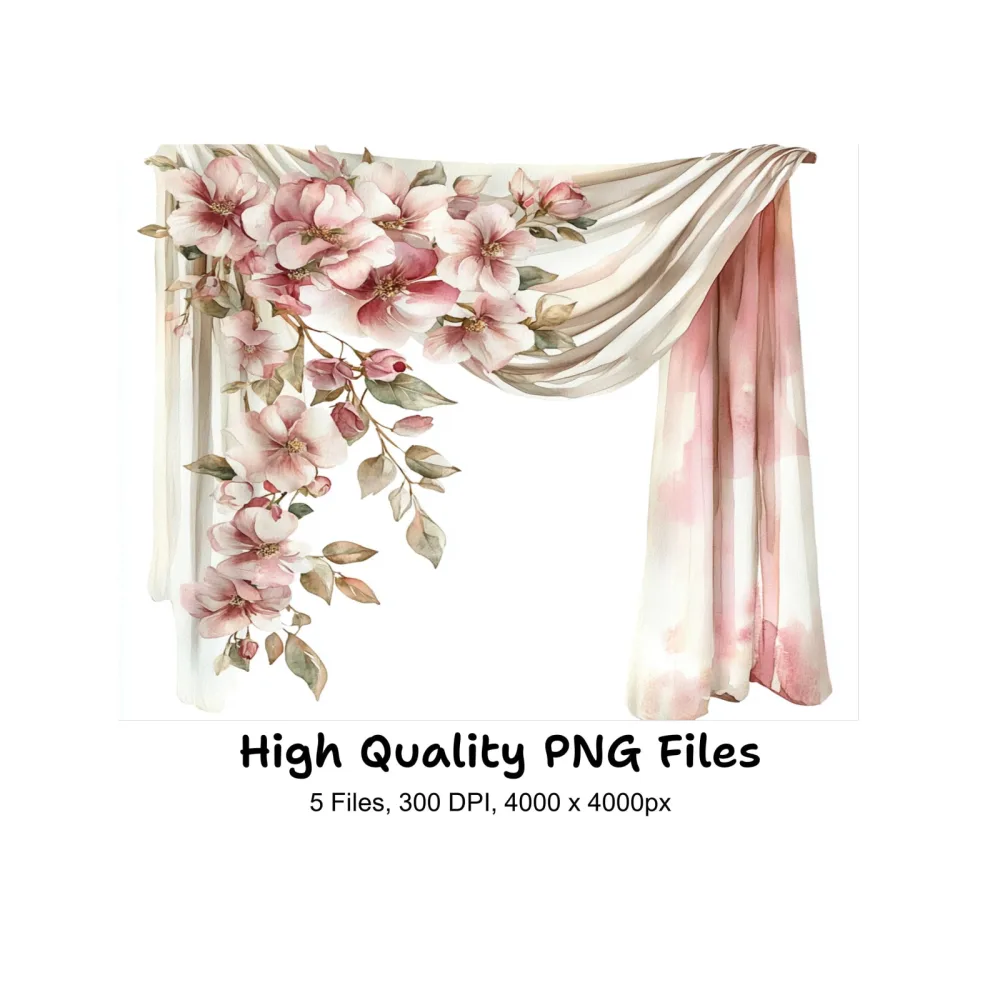 Pink Rose Magnolia Curtain Clipart Bundle