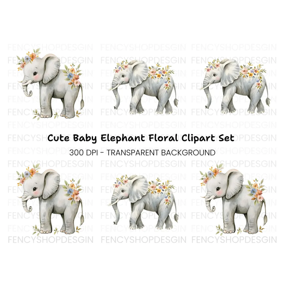 Floral Elephant Clipart Bundle