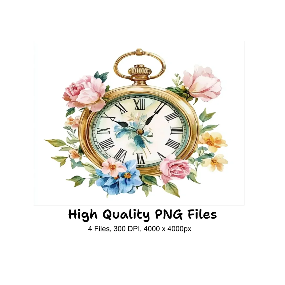 Vintage Pocket Watch Floral Clipart Bundle