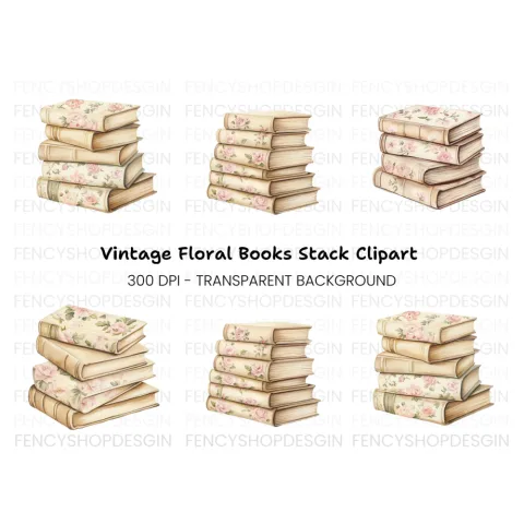 Vintage Floral Book Stacks Clipart Bundle