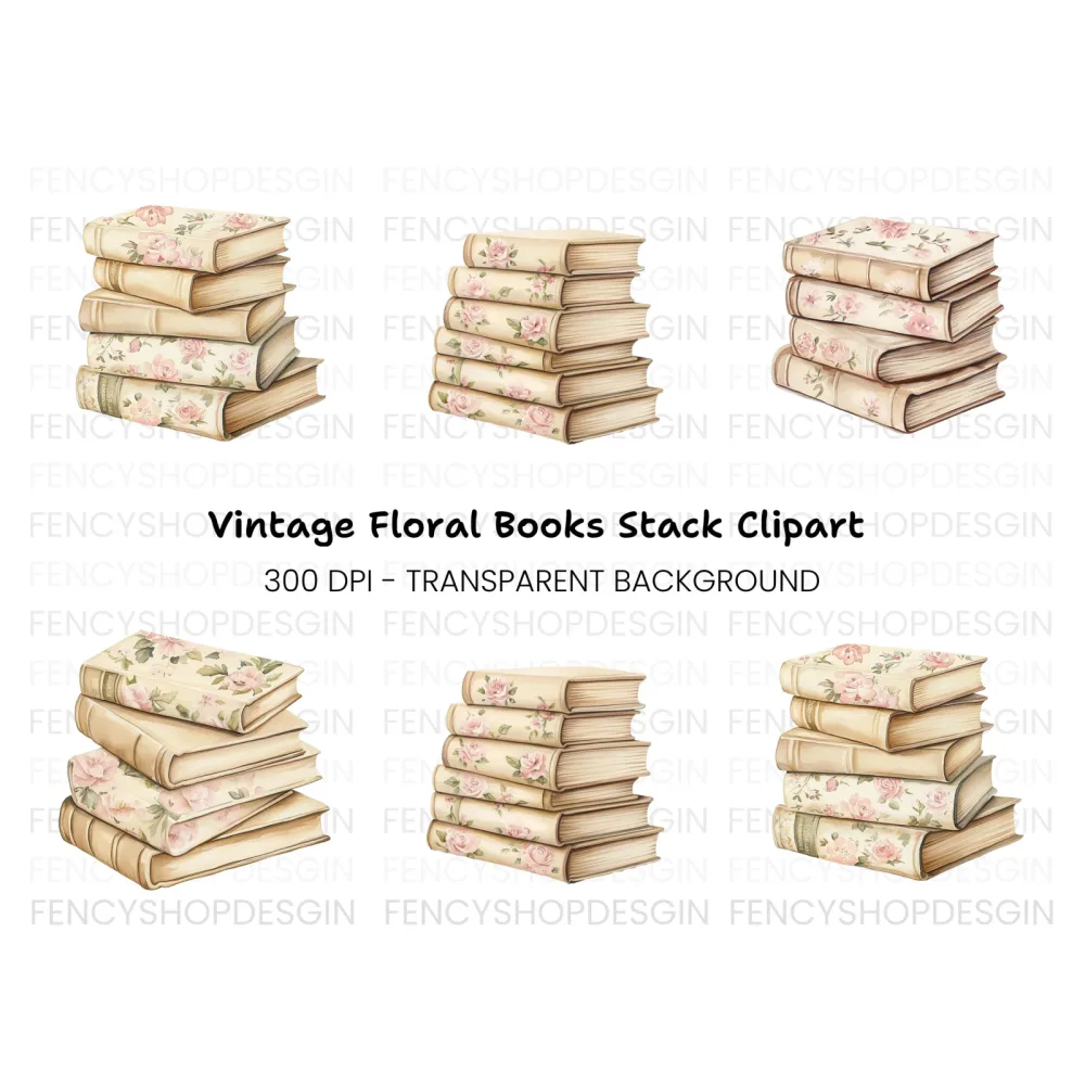 Vintage Floral Book Stacks Clipart Bundle