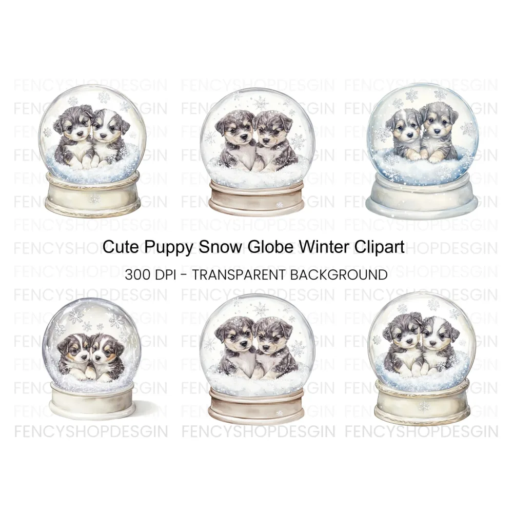 Cute Puppies in Snow Globe Clipart Bundle