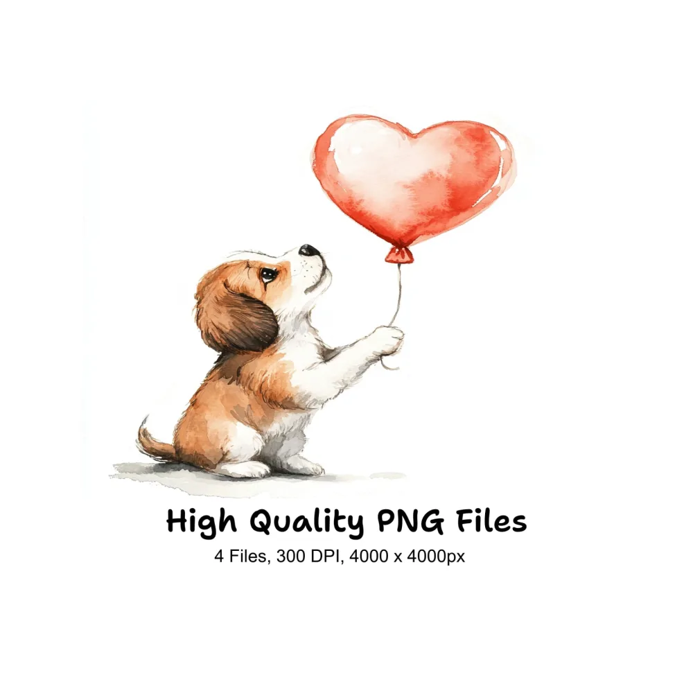 Cute Puppies with Heart Balloons Clipart Bundle