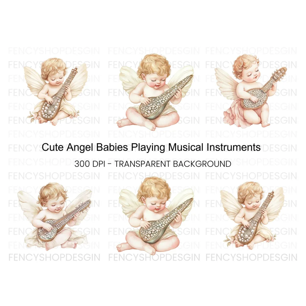 Cute Cherubs Playing Musical Instruments Clipart Bundle