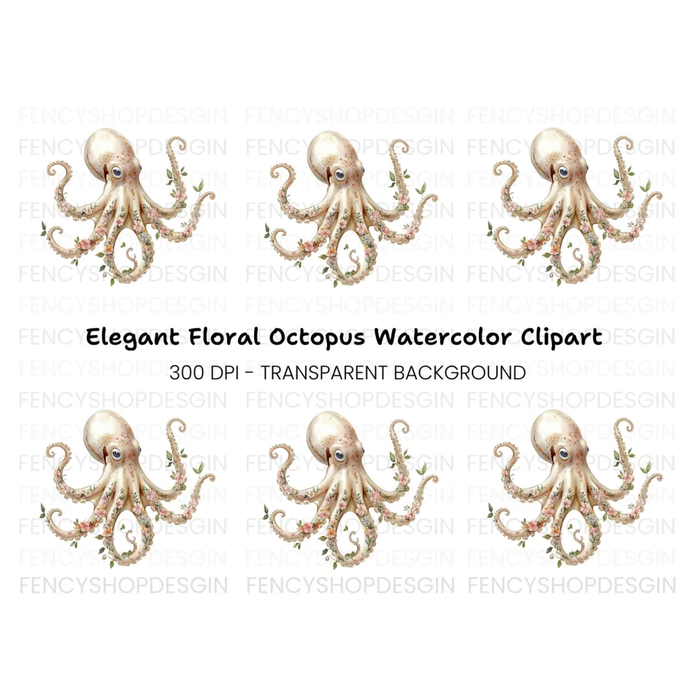 Elegant Floral Octopus Clipart Bundle