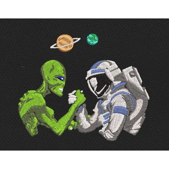 Alien Vs Astronaut Space Arm Wrestling Green & Grey Embroidery Design