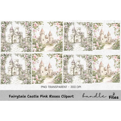 Fairytale Castle Pink Roses Clipart Bundle