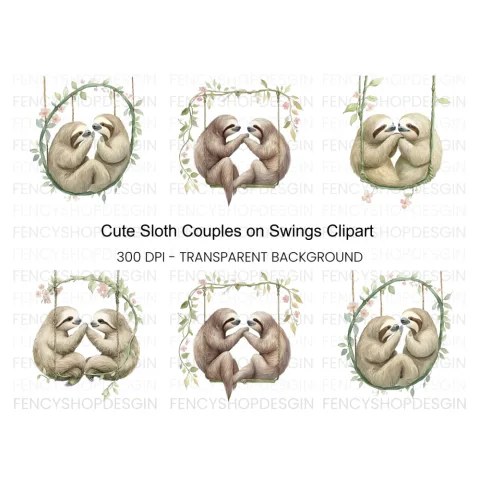 Cute Sloth Couple on Swings Clipart Bundle
