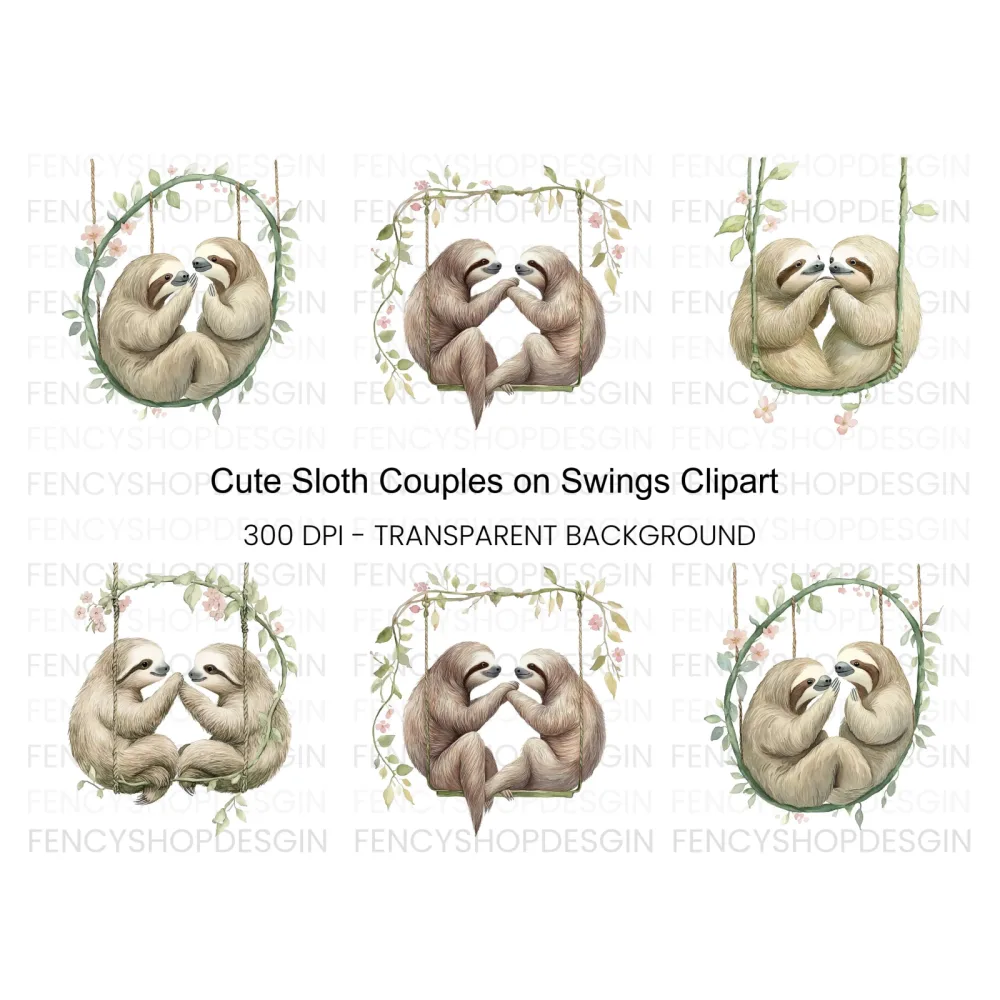 Cute Sloth Couple on Swings Clipart Bundle