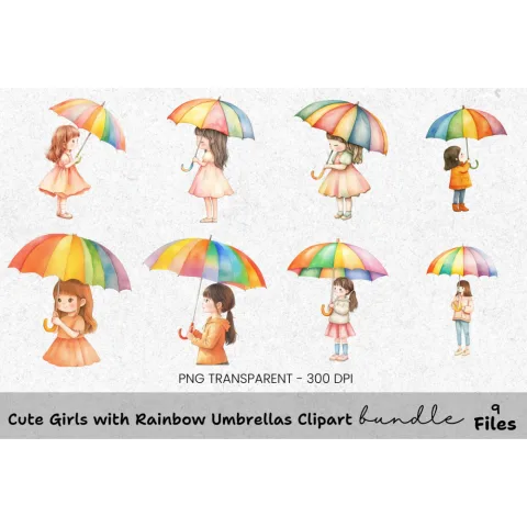 Cute Girls with Rainbow Umbrellas Clipart Bundle