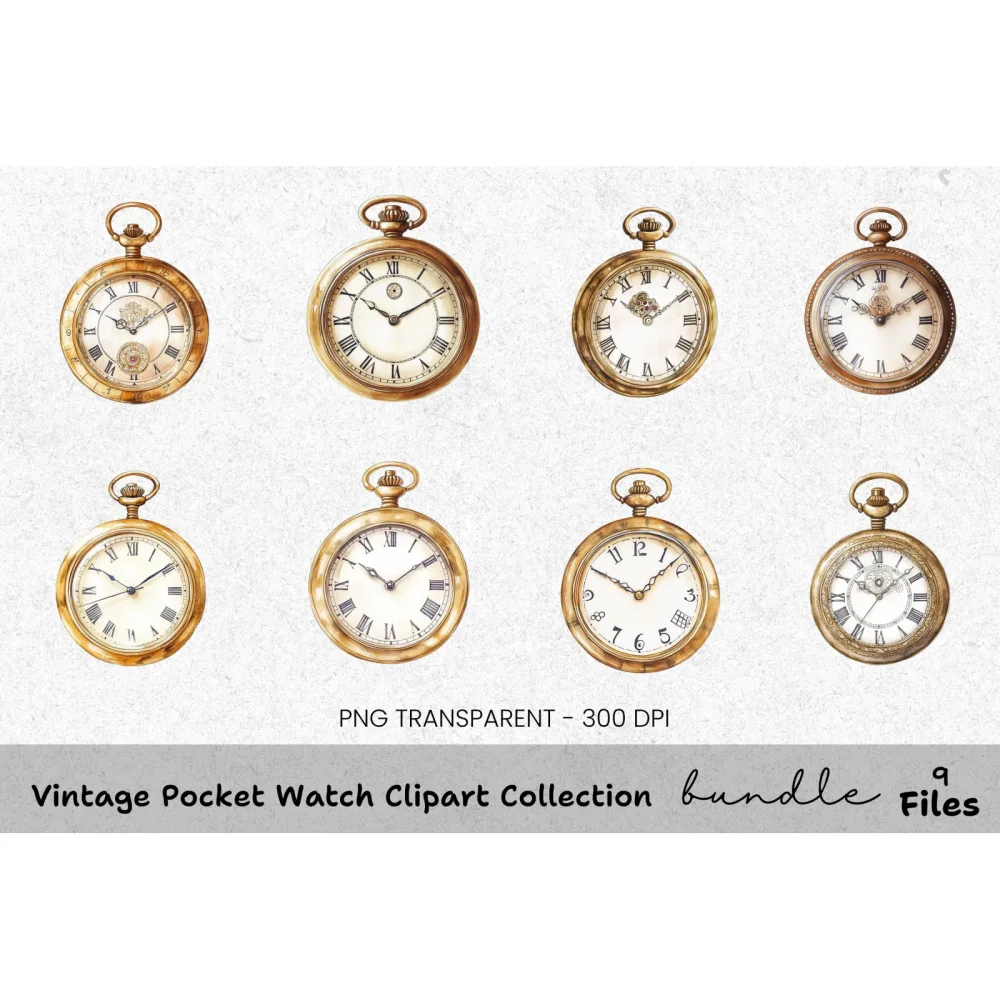 Vintage Pocket Watch Clipart Bundle
