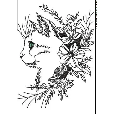 Cat With Flowers Embroidery Design
