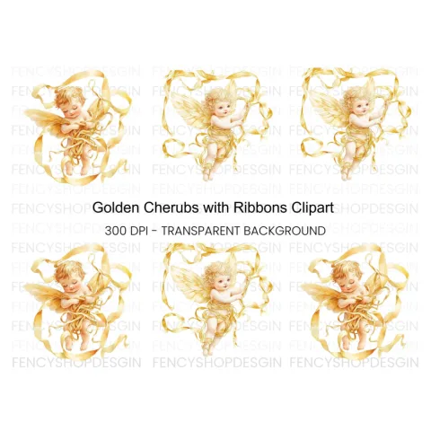 Golden Angel Cherubs with Ribbons Clipart Bundle