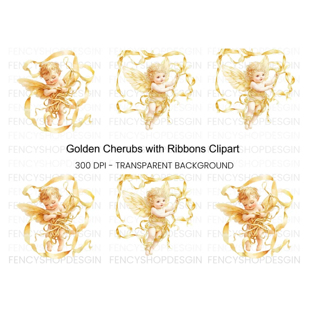 Golden Angel Cherubs with Ribbons Clipart Bundle