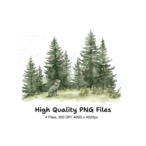 Forest Wolves and Pine Trees Clipart Bundle