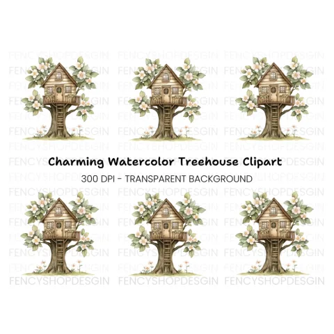 Cozy Treehouse with Pink Blossoms Clipart Bundle