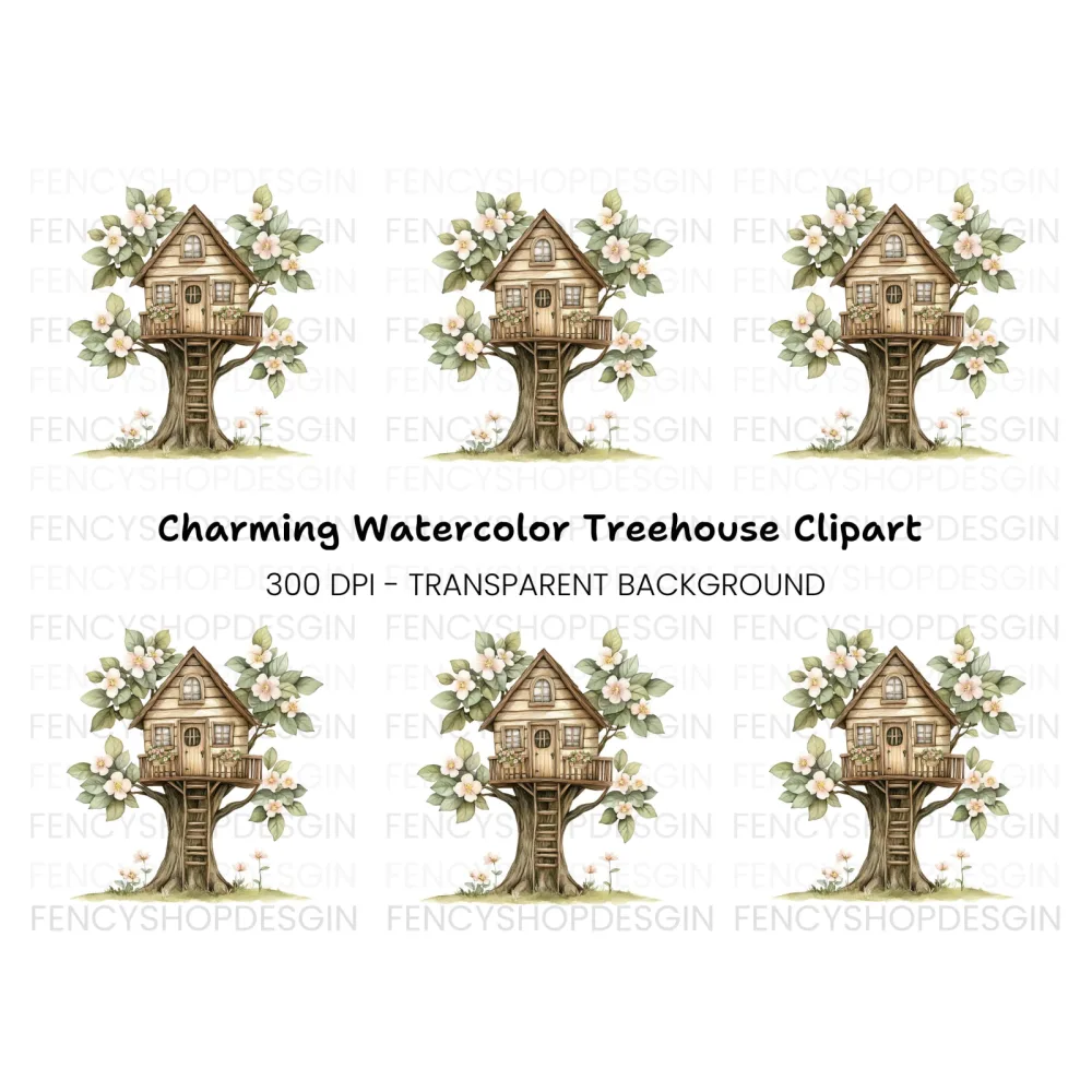 Cozy Treehouse with Pink Blossoms Clipart Bundle