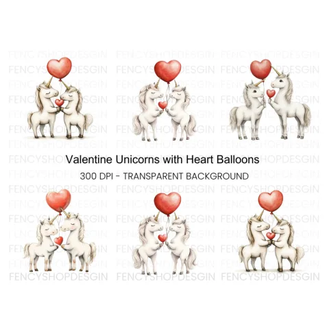 Cute Unicorns with Heart Balloons Clipart Bundle