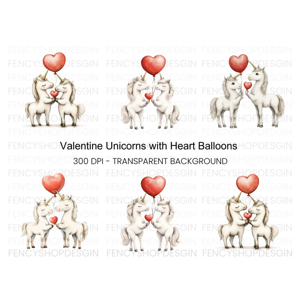 Cute Unicorns with Heart Balloons Clipart Bundle