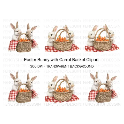 Cute Bunnies with Carrot Baskets Clipart Bundle