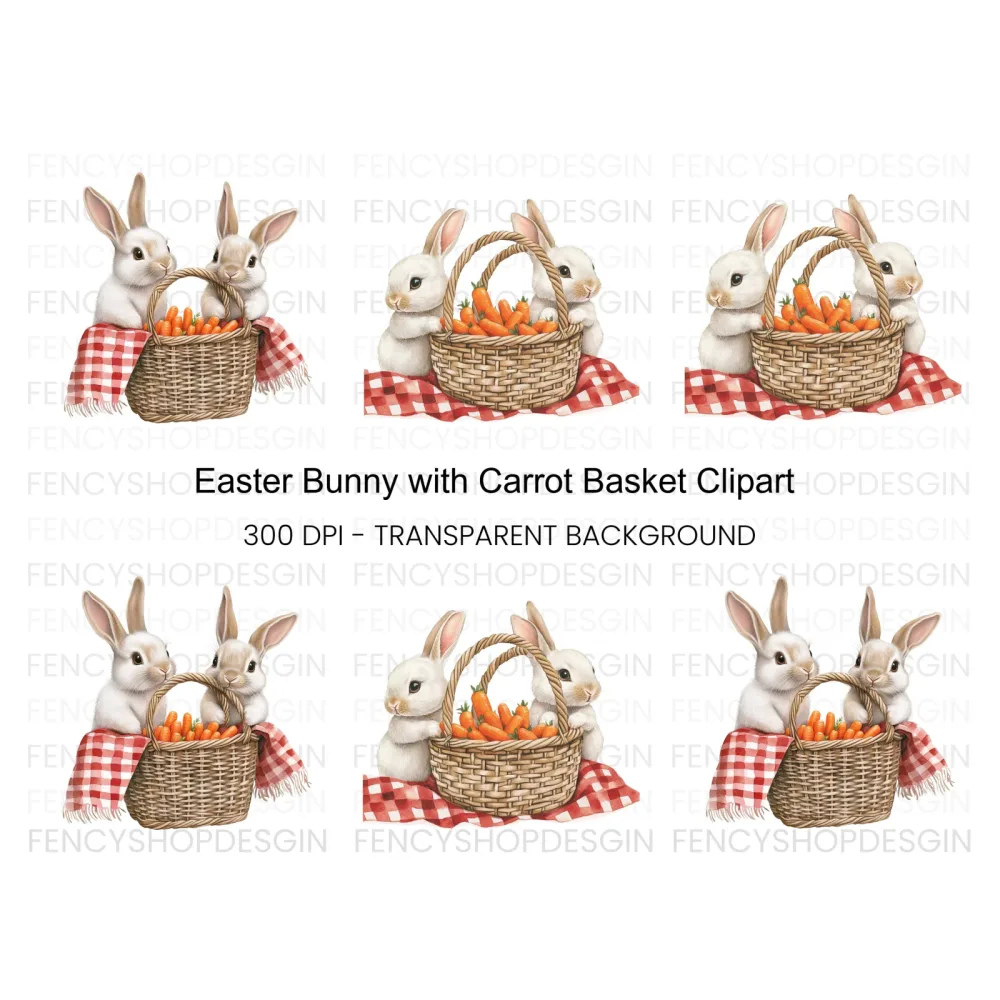 Cute Bunnies with Carrot Baskets Clipart Bundle