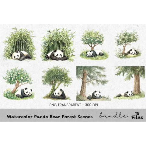 Cute Pandas Under Autumn Trees Clipart Bundle