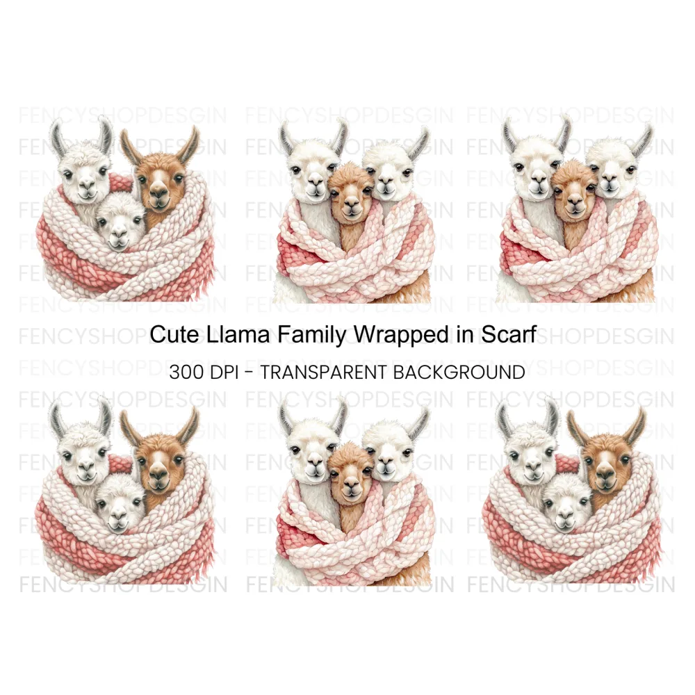 Cute Llama Family Wrapped in Scarf Clipart Bundle