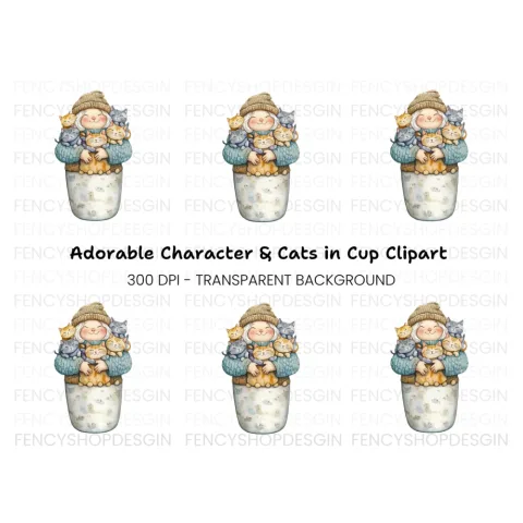 Cozy Girl with Many Cats Clipart Bundle