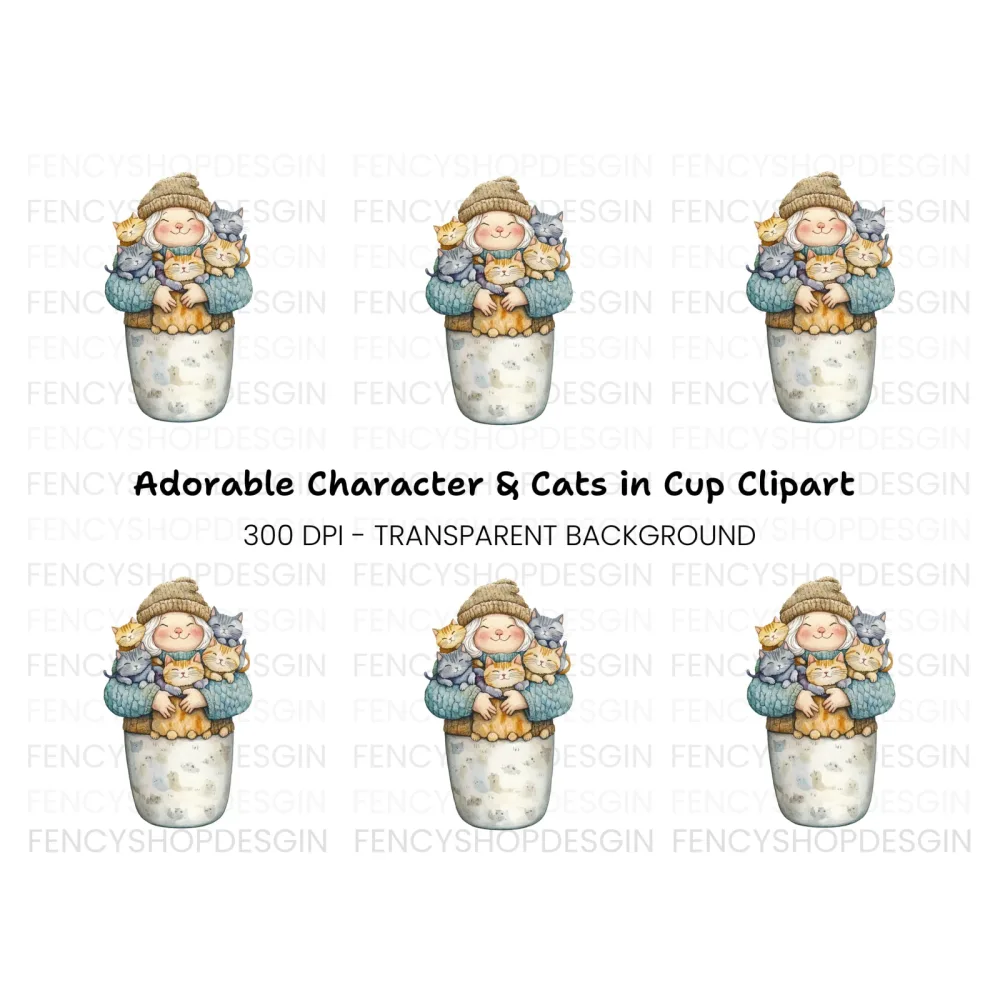 Cozy Girl with Many Cats Clipart Bundle