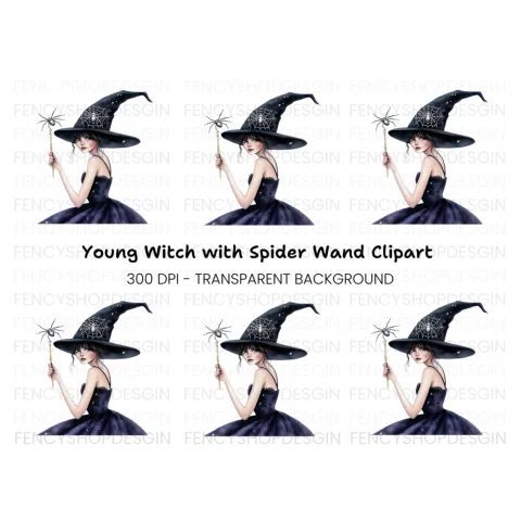 Mystical Witch with Spider Wand Clipart Bundle