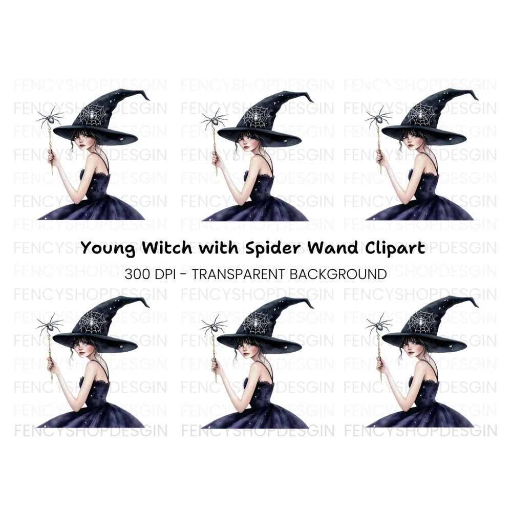 Mystical Witch with Spider Wand Clipart Bundle